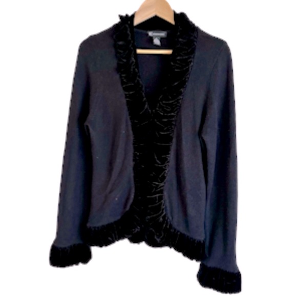 INC International Concepts Cardigan Women Sz L Black Silk Angora Velvet Trim Y2K - Picture 1 of 7
